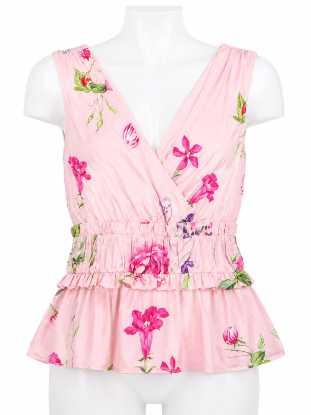 Express Pink Floral Peplum Blouse Small Cotton Ruffle Waist Coquette Cottagecore